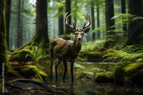  a deer standing in the middle of a forest with lots of trees and ferns on it's sides and a stream running through the middle of the forest.
