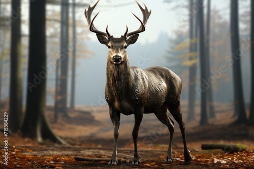  a deer standing in the middle of a forest with lots of leaves on the ground and trees in the background.