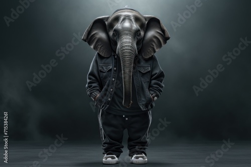  a man standing in front of an elephant wearing a leather jacket with a hoodie on it's head.