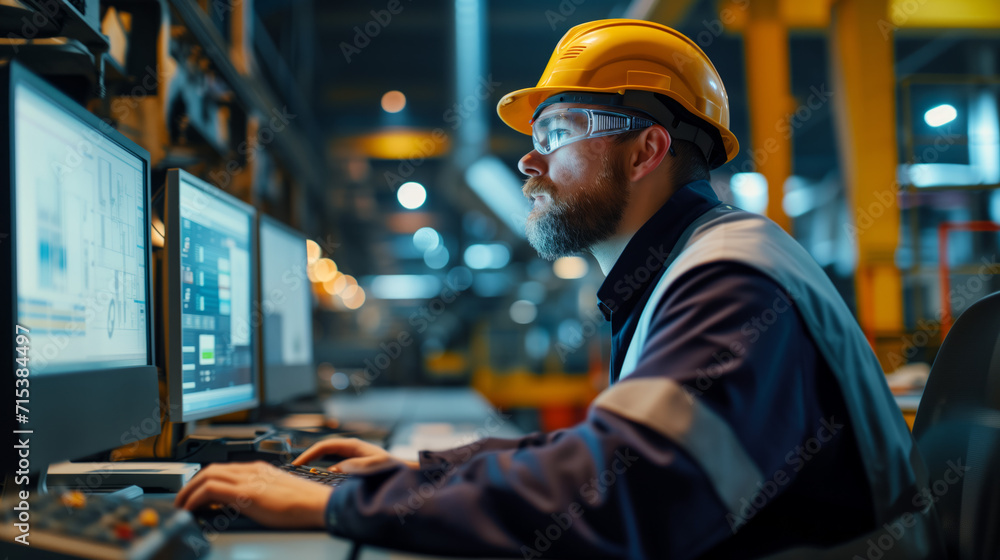Engineer Analyzing Data on Factory Control Room Monitors. Focused engineer with a hard hat and safety glasses examines complex data on computer monitors in an industrial factory control room. Engineer Analyzing Data on Factory Control Room Monitors. Focused engineer with a hard hat and safety glasses examines complex data on computer monitors in an industrial factory control room.