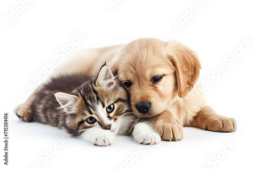 A puppy and a kitten lying side by side on a white background © Alina Zavhorodnii