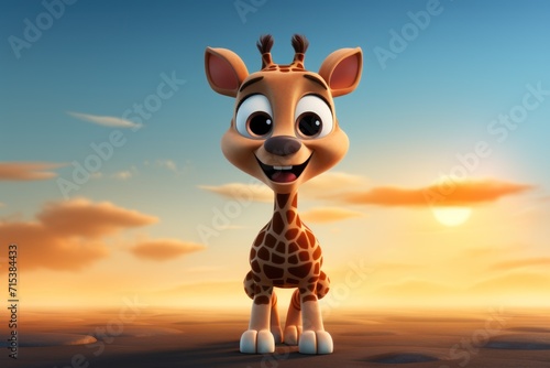  a cartoon giraffe is standing in the middle of a desert with the sun in the background and clouds in the sky.