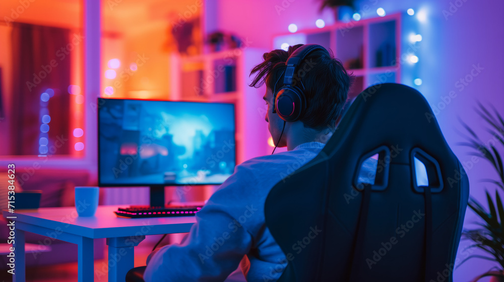 Gamer Engaged in Intense Play on PC at Home. A gamer with headphones is deeply focused while playing a competitive video game on his personal computer in a neon-lit room at night.