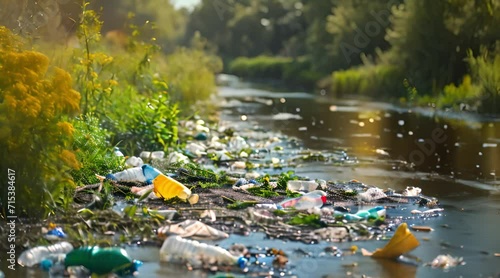 environmental pollution and the dangers of plastic waste in rivers, ecological concept photo