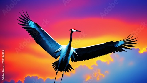 Majestic White Crane in Mid-Flight Against Vibrant Sunset Sky - Wildlife Photography © Sheharyar