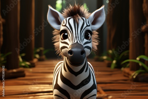  a zebra standing on top of a wooden floor next to a green leafy area with rocks and a building in the background. © Nadia