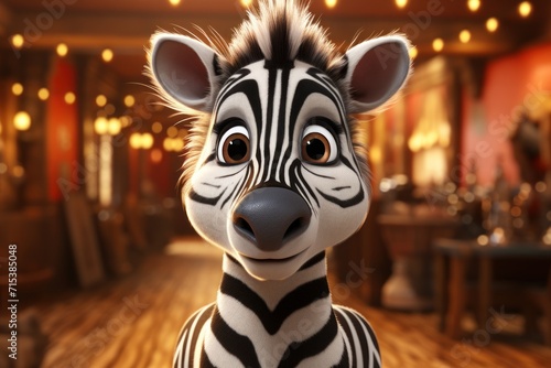  a close up of a toy zebra on a wooden floor in a room with lights and a table in the background. © Nadia