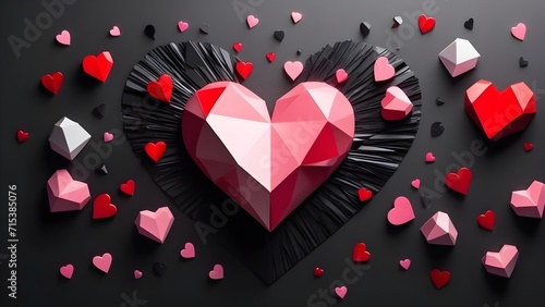 Red heart shattered into smaller heart pieces. Glass texture. Dark background. Broken heart. Generative AI