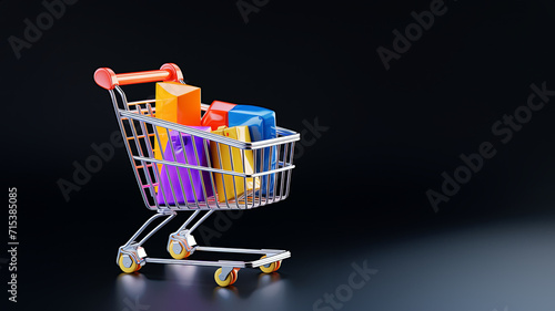 small toy shopping cart full of small purchase, isolated on black background, space for text