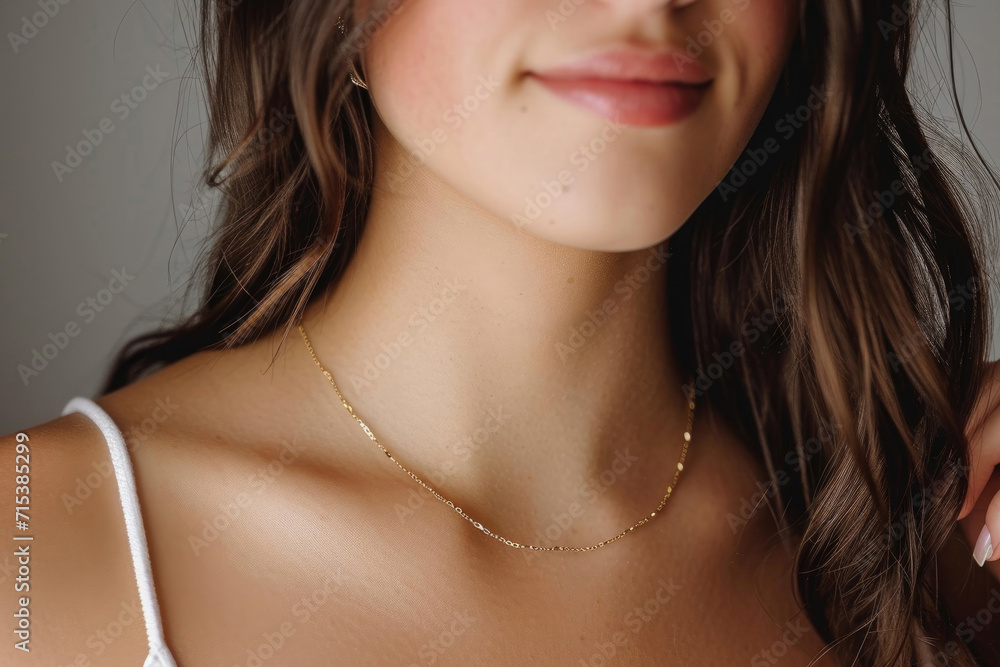 Radiant beauty emanates from a woman's neckline adorned with a radiant gold chain necklace