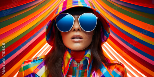 fashion model in colorful striped outfit in fashion sunglasses and hat on striped background