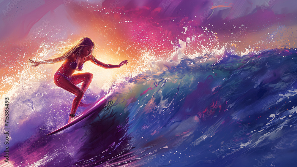 Glowing Currents: A Surfer Girl’s Dynamic Journey in Neon Watercolor