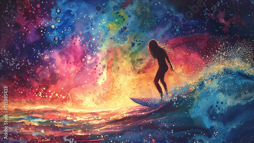 Glowing Currents: A Surfer Girl’s Dynamic Journey in Neon Watercolor