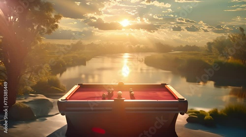 Billiards table with a beautiful view of calm nature displays a concentrated game of billiards photo
