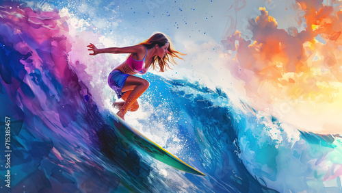 Glowing Currents: A Surfer Girl’s Dynamic Journey in Neon Watercolor © 대연 김