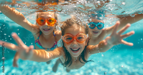children playing under the pool with goggles summer concept #715385476