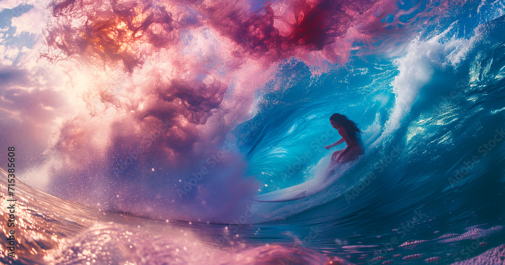 a young woman is surfing under the ocean's surface with a surfboard summer concept - obrazy, fototapety, plakaty 