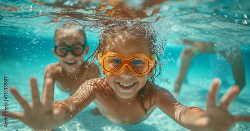 children playing under the pool with goggles summer concept © boyhey
