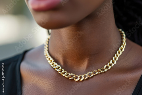 Close-up of a woman's neck adorned with a gold chain necklace