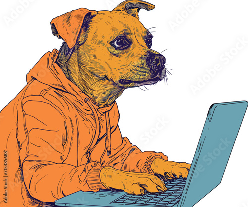 Dog with laptop, vector illustration.