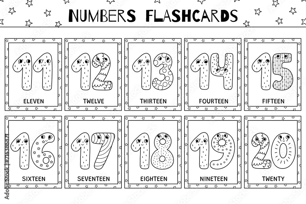 Cute numbers 11-20 flashcards black and white collection. Flash cards for coloring in outline. Learning numbers for preschool. Vector illustration