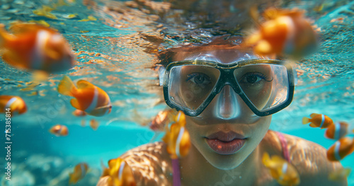 young woman snorkling with colorful fish in ocean waters summer concept © boyhey