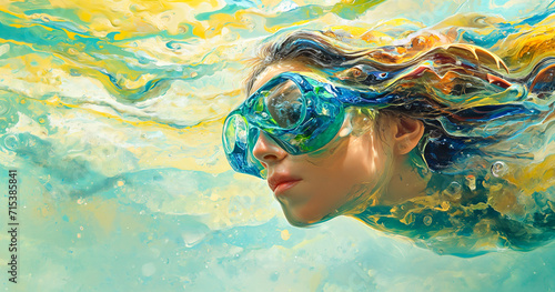 a girl flies by a colorful marine life in the oceansummer concept