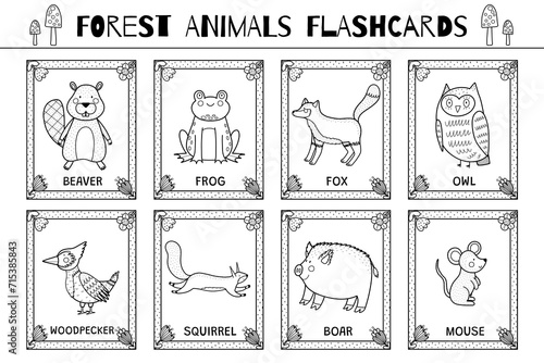 Forest animals black and white flashcards collection for kids. Flash cards set with cute woodland characters for coloring in outline. Beaver, fox, squirrel and more. Vector illustration