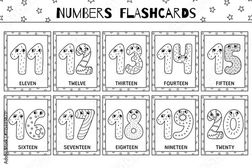 Cute numbers 11-20 flashcards black and white collection. Flash cards for coloring in outline. Learning numbers for preschool. Vector illustration