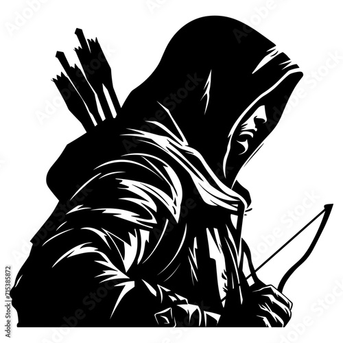 Hooded archer black silhouette, vector illustration.