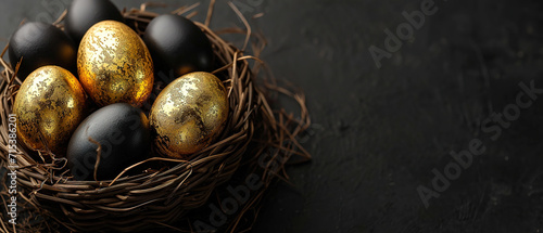 elegant golden and black Easter eggs in the basket, on a black background with empty copy space