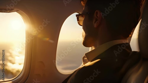 Amid the luxury and exclusivity of a private jet, a talented actor prepares for their next performance with a sense of calm and tranquility, the endless sea visible through the window serving photo