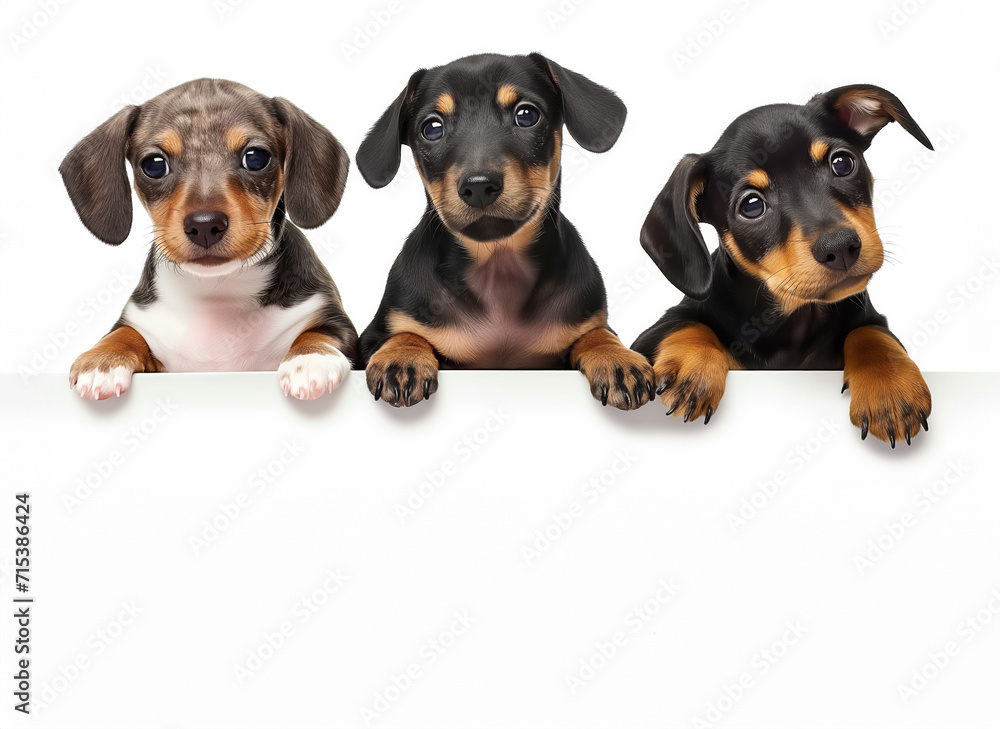 Three funny puppies on a white background peeking out from behind a white sheet, a place for your inscription Three funny puppies on a white background peeking out from behind a white sheet, a place for your inscription
