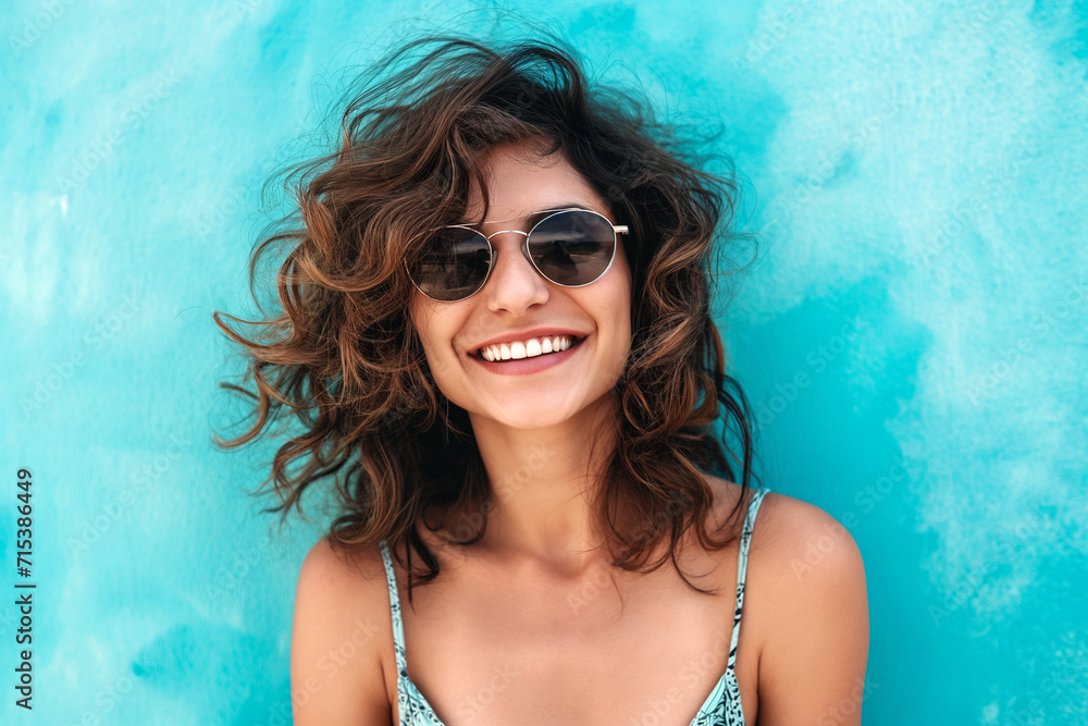 Radiant Woman in Sunglasses Against a Turquoise Background Radiant Woman in Sunglasses Against a Turquoise Background