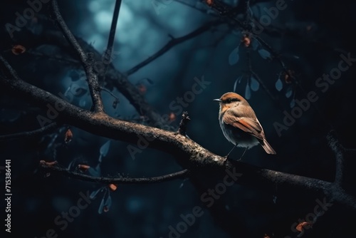  a small bird perched on a branch in a tree at night with a full moon in the sky in the background. © Nadia