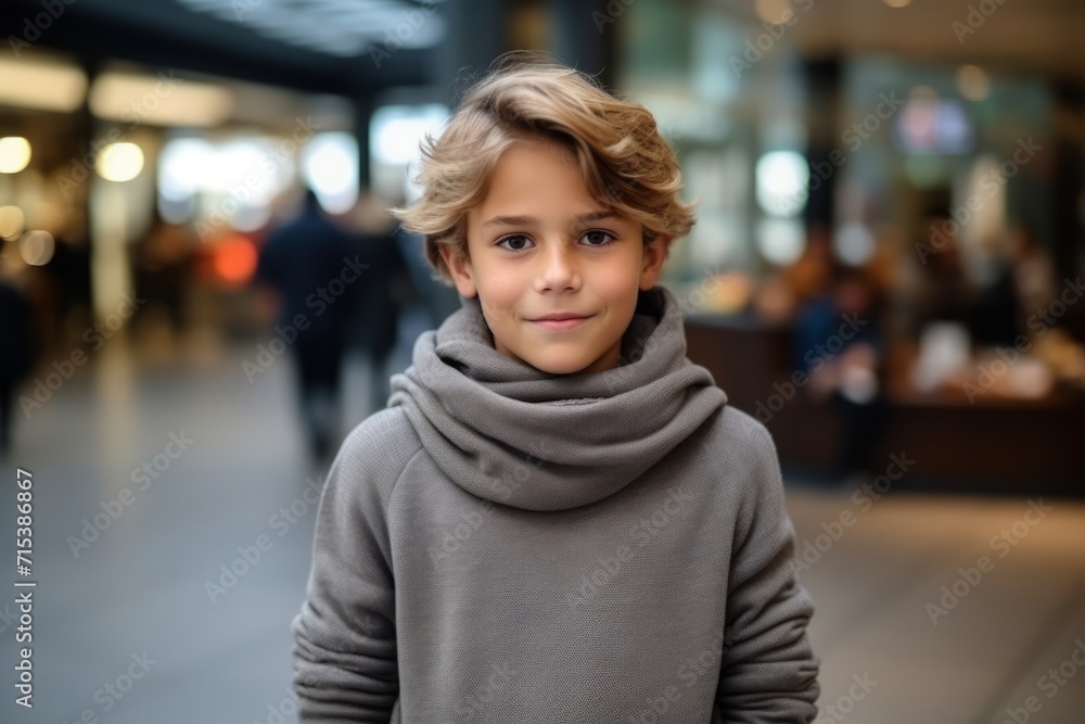 Portrait of a cute little boy in the shopping mall. Shallow depth of field.