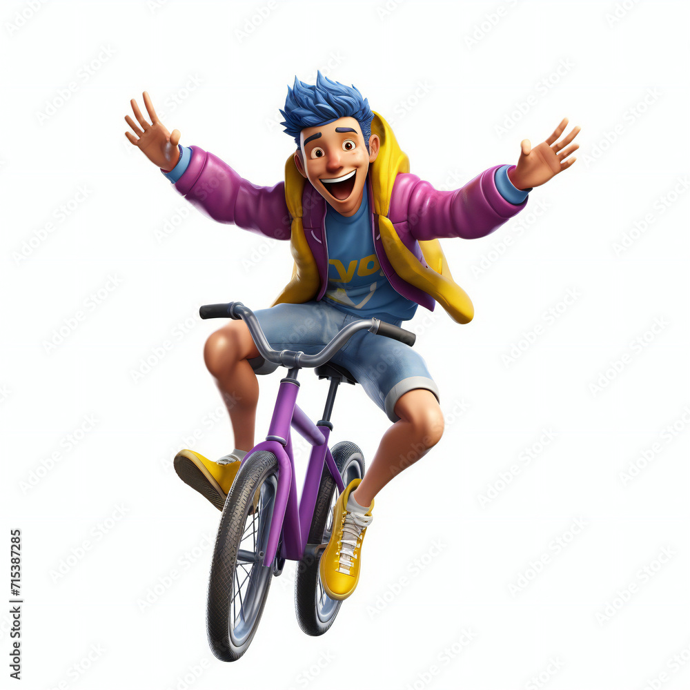 Adventurous Airborne Bliss: Purple-Haired Asian Dynamo Soars on Bike in Stylish Yellow Hoodie and Blue Jeans, Radiating Joy and Charm