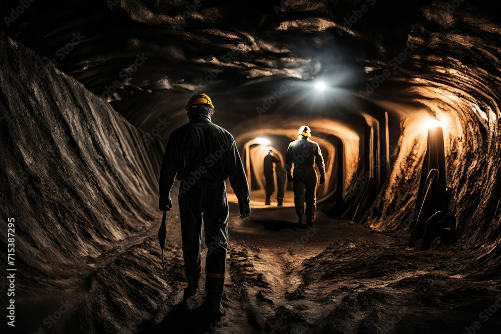 Miners Exiting Illuminated Underground Tunnel After Completing Work Shift