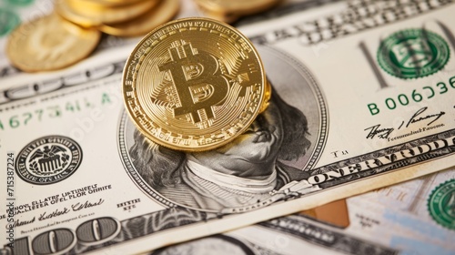 golden bitcoin on the background of one hundred dollar bills close-up