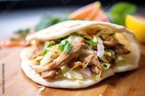 freshly made shawarma on pita bread with a bite taken, close-up