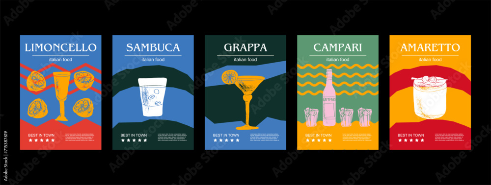 Italian drink set vector illustration. Engraved limoncello, sambuca, grappa, campari, amaretto bundle of traditional dishes, homemade  - obrazy, fototapety, plakaty 