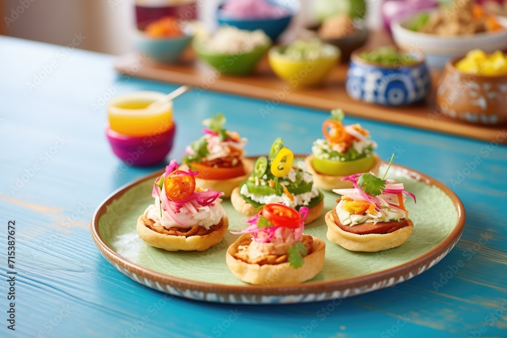 colorful sopes platter with various toppings on table colorful sopes platter with various toppings on table
