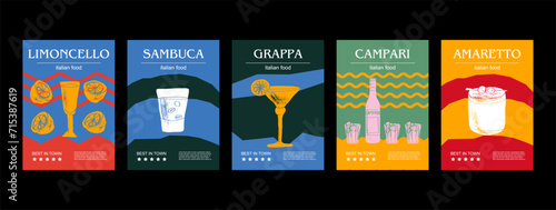 Italian drink set vector illustration. Engraved limoncello, sambuca, grappa, campari, amaretto bundle of traditional dishes, homemade  photo