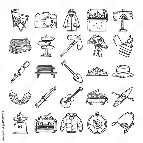 Camping hand drawn icon vector set