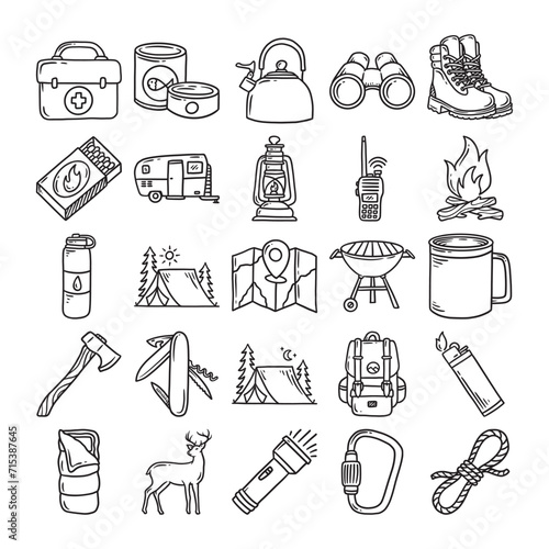 Camping hand drawn icon vector set photo