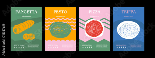 Italian food set vector illustration. Engraved pancetta, pesto, pizza, trippa, bundle of traditional dishes, homemade and restaurant dinner dishes and sauces cooking in cuisine of Italy photo
