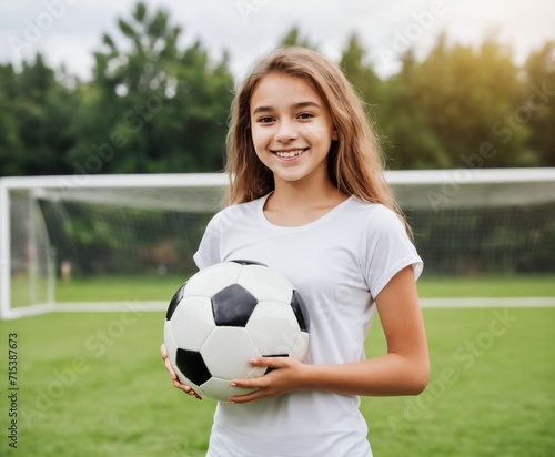 A happy female soccer player on the field a portrait of a smiling football teenage girl © Universeal