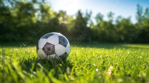  a soccer ball sitting in the middle of a field of grass with the sun shining on the trees in the background.