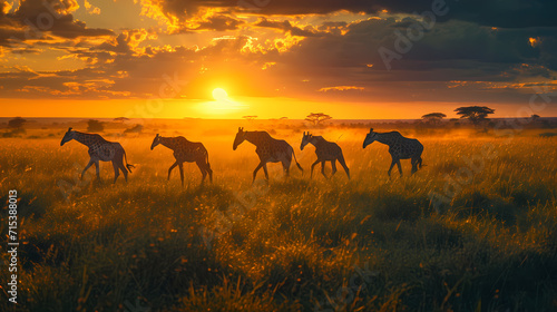 herd of giraffes in sunset