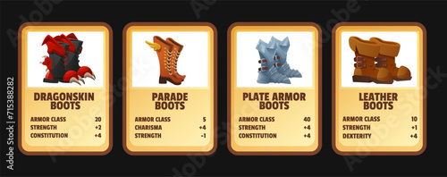 Cards with boots for ui game design, cartoon vector on black background